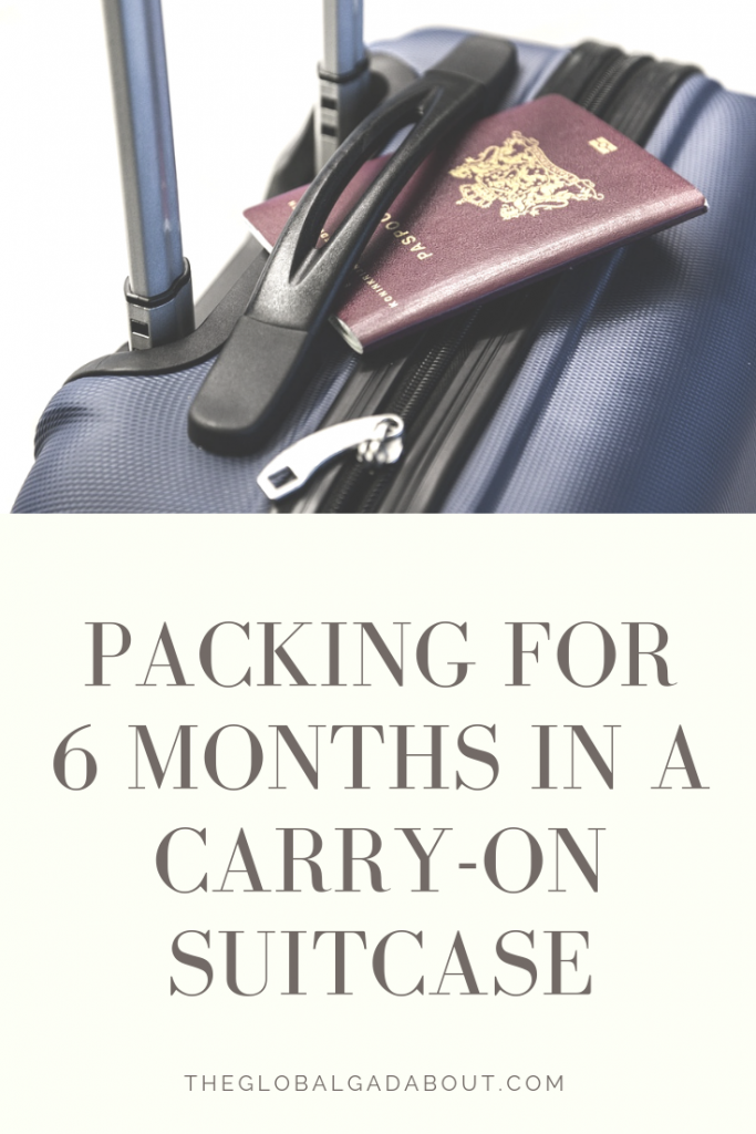 I travel for long periods of time and I hate checking a bag. Over years of practice, I've gotten packing for 6 months in a carry-on suitcase down to a science! Click to find out how I do it and get tips for packing more in less space. #travel #travelblog #theglobalgadabout #traveltips #packingtips #packinglist