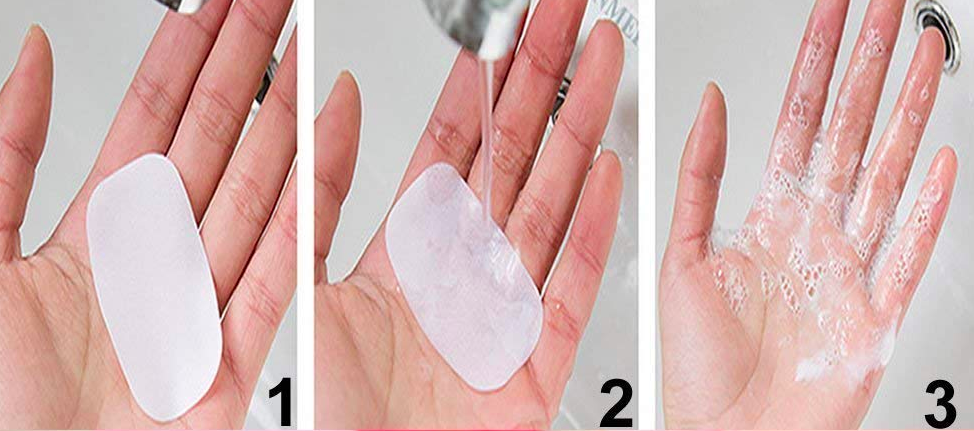 The three stages of using a soap sheet: place the sheet in hand, add water, watch it foam up into soap.