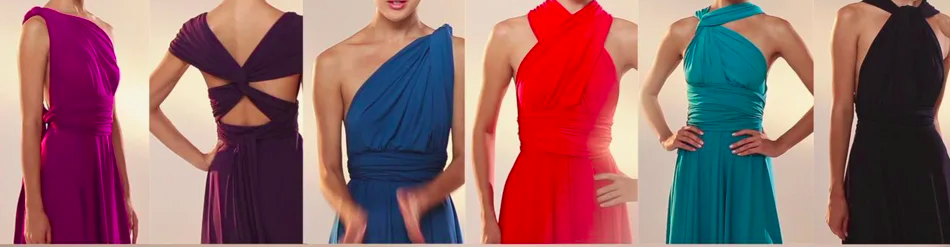 6 female torsos showing various ways to wear an infinity dress.