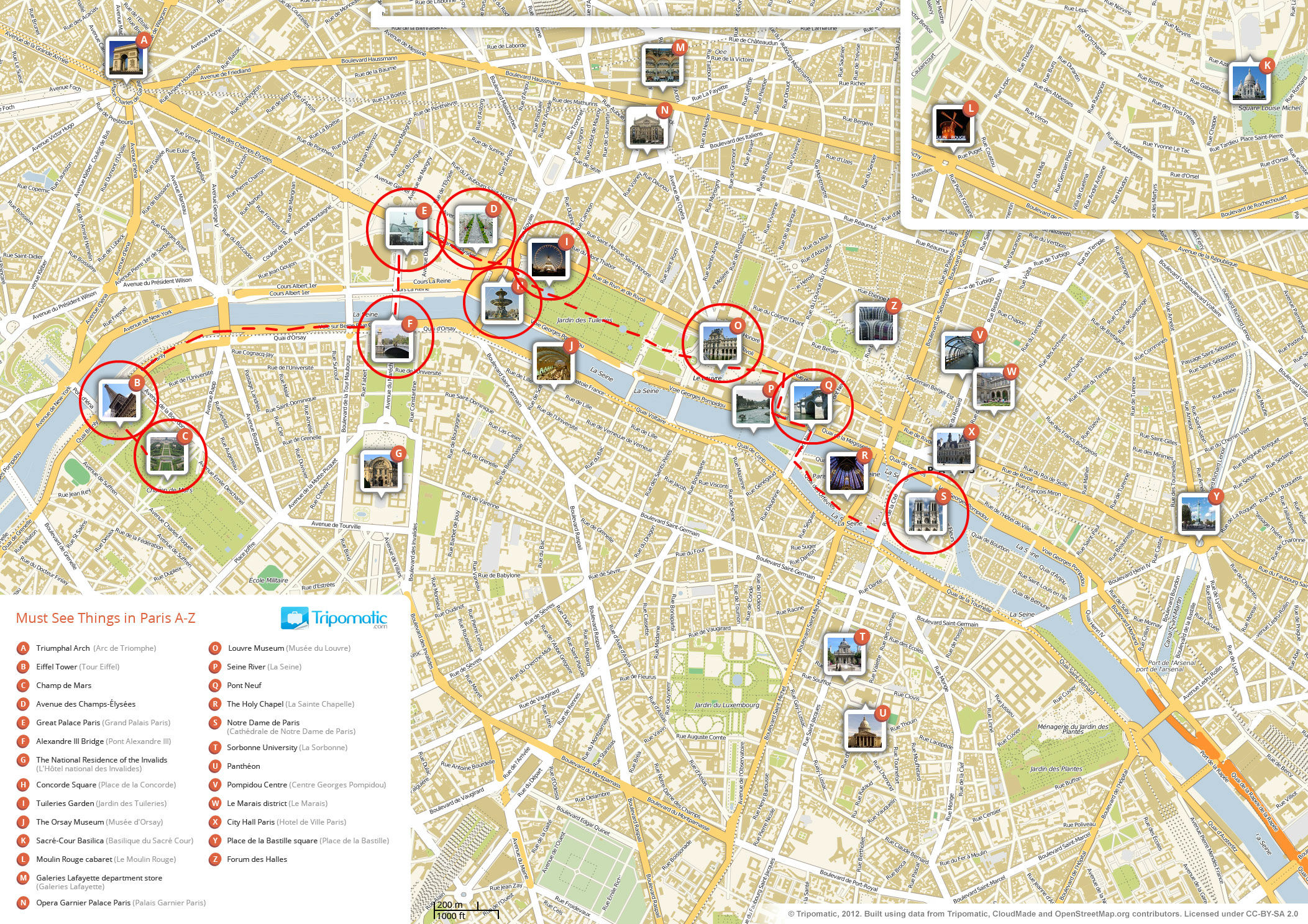 Road map of Paris with major tourist attractions circled, numbered, with small images of each.