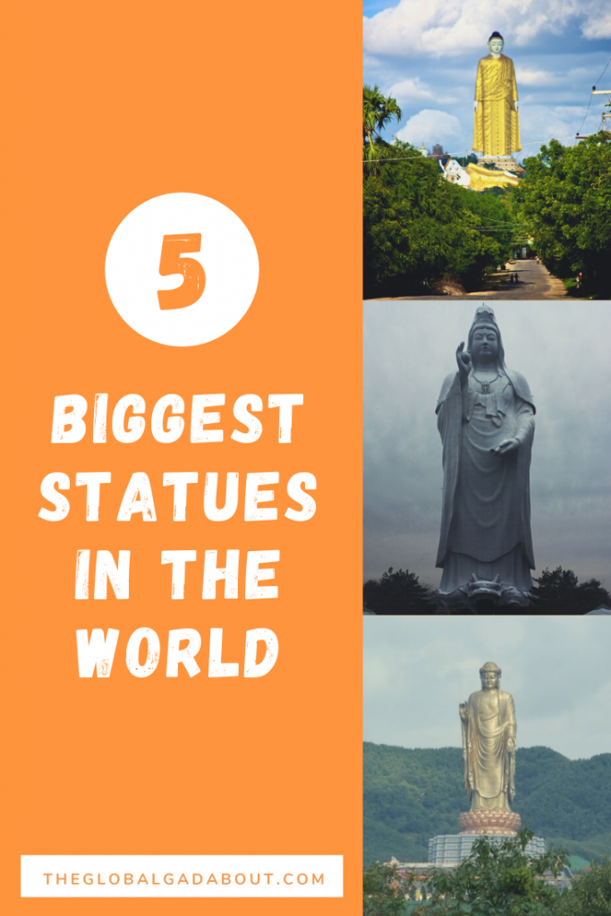 One half is orange with the words "5 Biggest Statues in the World" and "TheGlobalGadabout.com" in white. The other half has three vertical photos of tall statues.