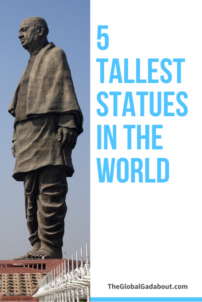 The left half is a photo of the Statue of Unity taken from the ground. The right half is a white background with the words "5 Tallest Statues in the World" in blue and "TheGlobalGadabout.com" in black.