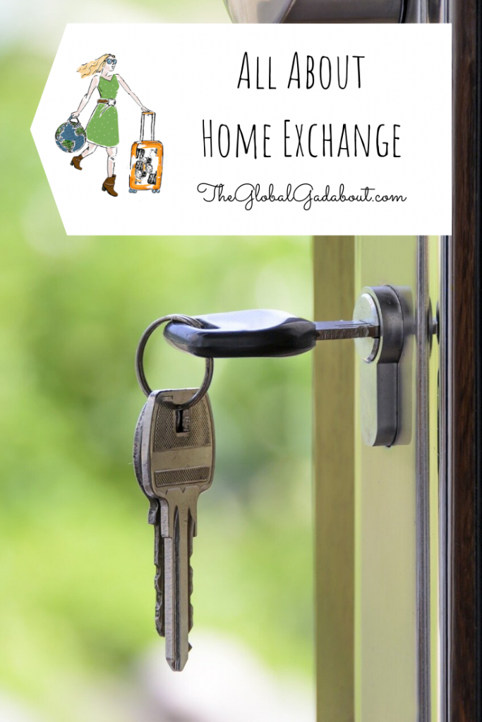 A set of keys in the lock of an open door. A white luggage tag shape in the top third with The Global Gadabout logo and the words "All About Home Exchange" and "TheGlobalGadabout.com".