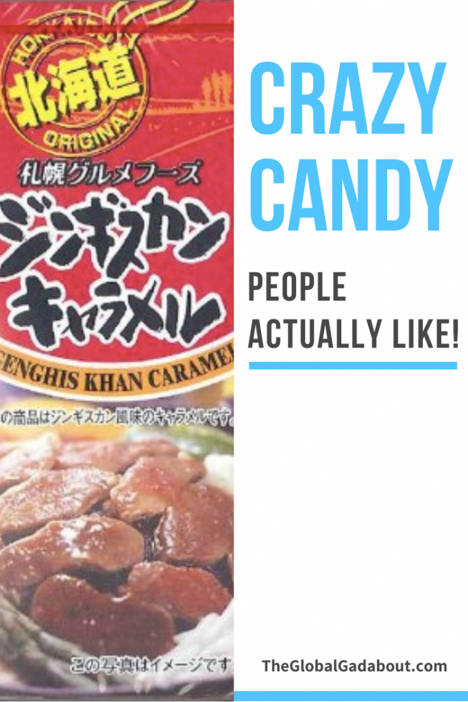 Left half is a box of Genghis Khan Caramels, right half is white with "Crazy Candy" in blue and "People Actually Like!" and "TheGlobalGadabout.com" in black.