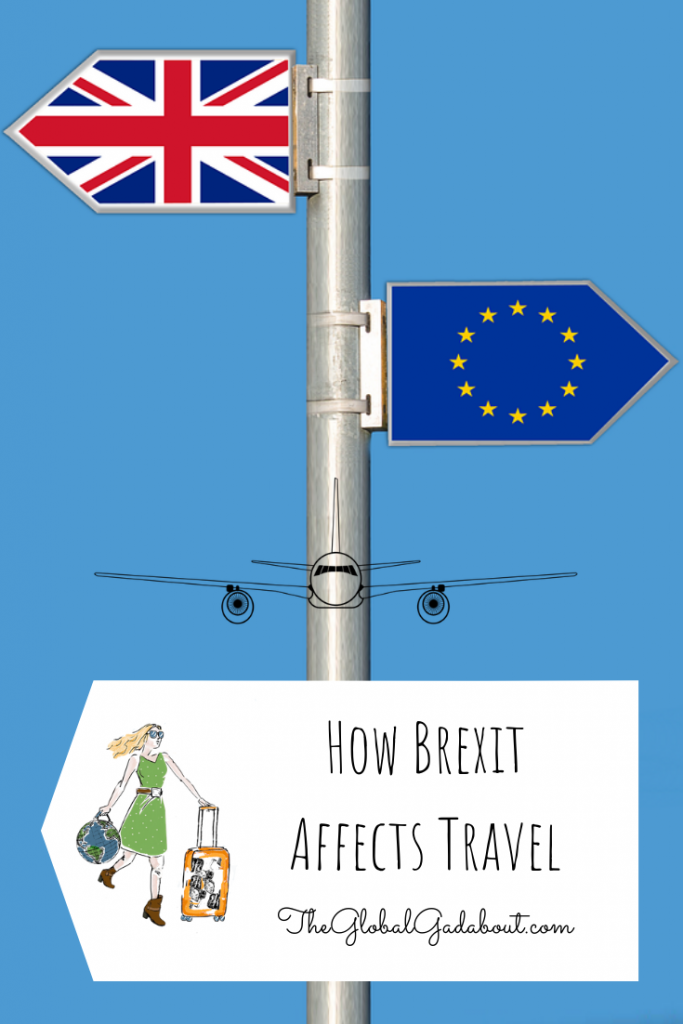 UK and EU flags pointing opposite directions, Global Gadabout logo and post title: How Brexit Affects Travel