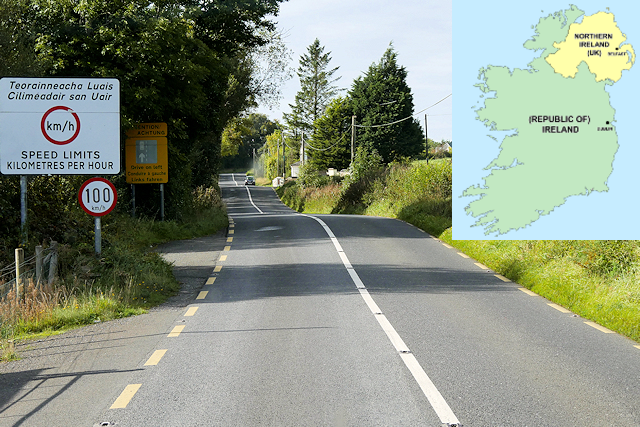 A rural road with a speed limit sign, the border of Ireland and Northern Ireland. A map in the corner of Ireland and Northern Ireland.