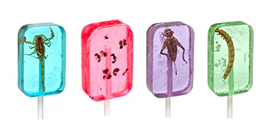 4 transparent square lollipops: blue with a scorpion, pink with ants, purple with a cricket, green with a worm.