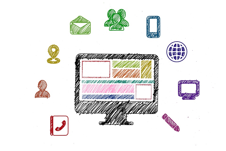 A simple line drawing graphic of a computer screen showing a website profile surrounded by icons for phone, location, email, internet, etc.