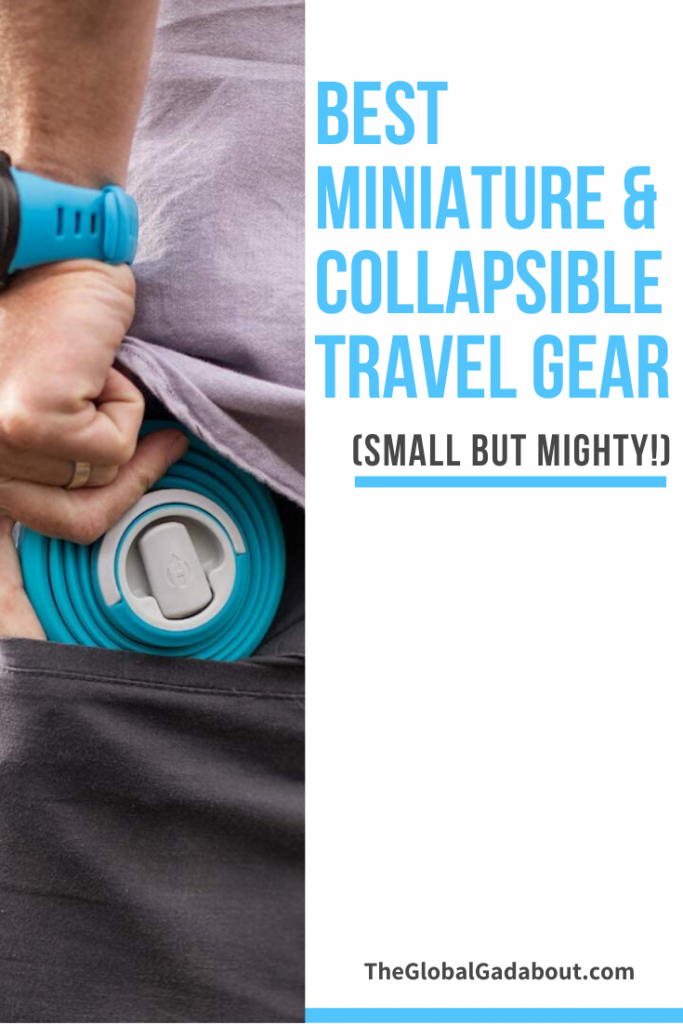 A Hydaway collapsible water bottle half into a pocket on the left. The right half is white with the words "Best Miniature & Collapsible Travel Gear" in blue and "(Small But Mighty!)" and "TheGlobalGadabout.com" in black.