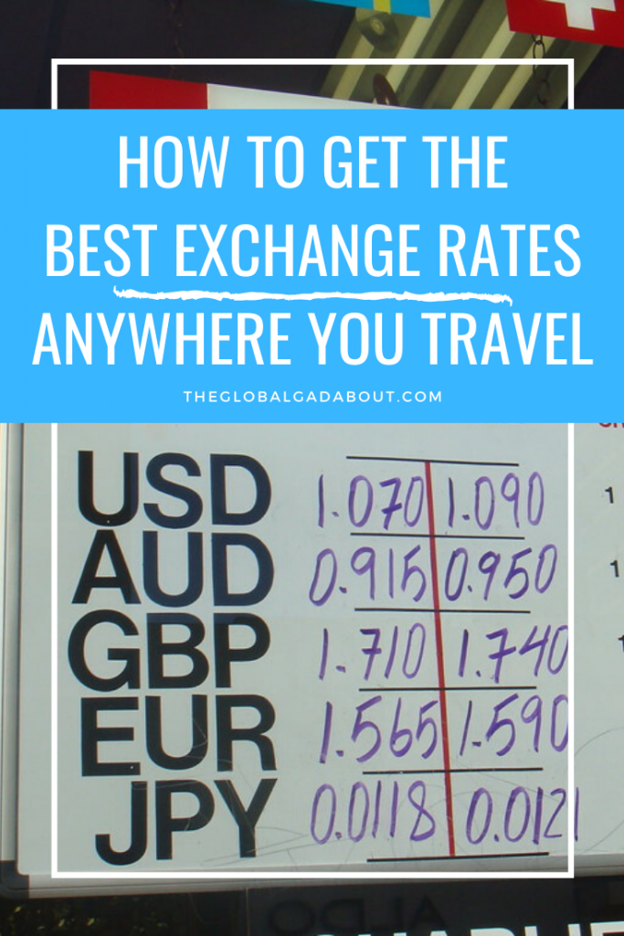 Exchange rate sign featuring rates for USD, AUD, GBP, EUR, & JPY. White border, blue box in upper third with the words "How to Get the Best Exchange Rates Anywhere You Travel" and "TheGlobalGadabout.com" in white.