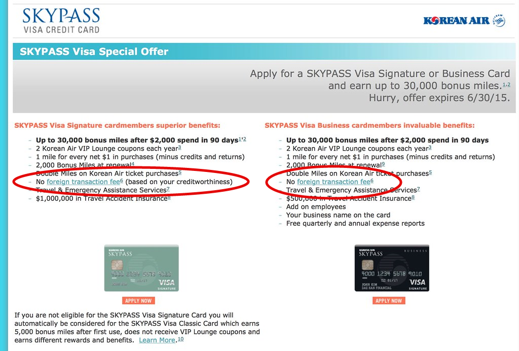 Credit card offer for Korean Air's Skypass Visa. "No Foreign Transaction Fees" circled in red.