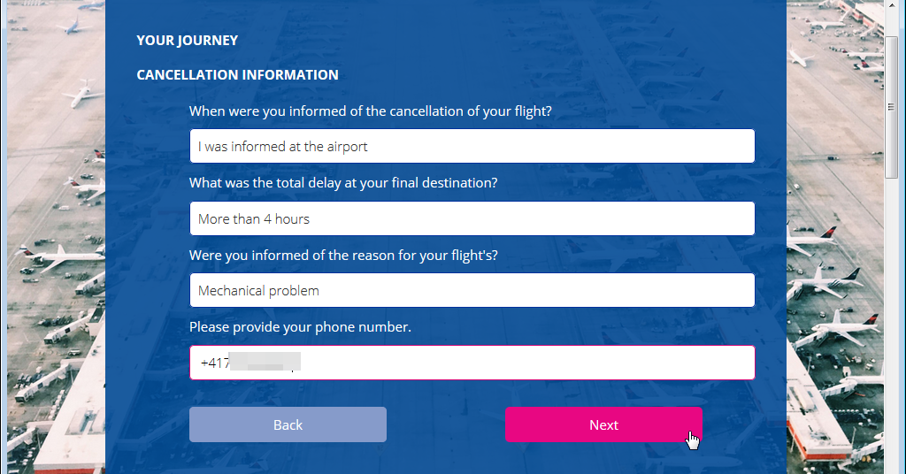 Screenshot of an online journey cancellation questionnaire.