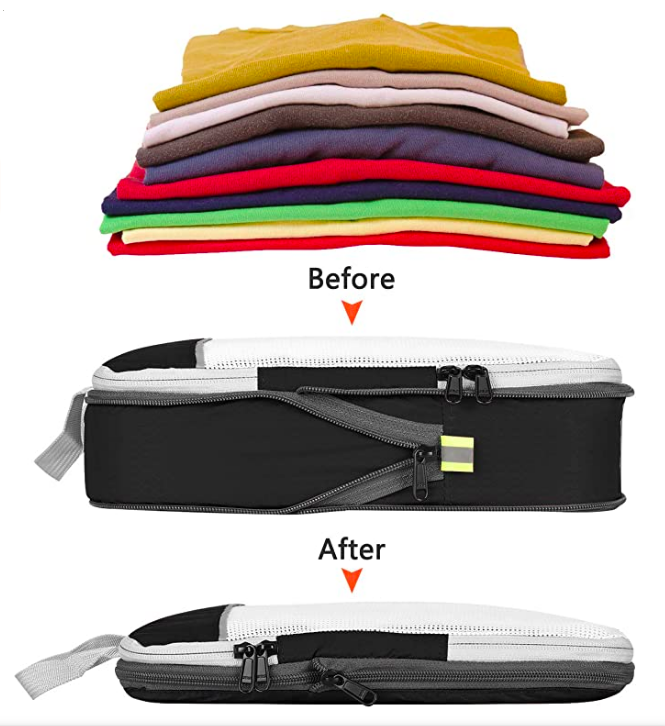 From top to bottom: a pile of folded clothes, the word "Before", a full packing cube, the word "After", and a compressed packing cube, showing how much can fit in how little space with compression packing cubes.