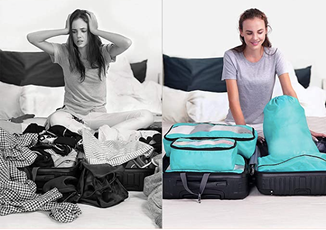 Two images size by side of the same woman packing a suitcase. On the left, the image is black and white, the clothes are a mess, and the woman looks frustrated. On the right, the image is in color, everything is packed neatly in packing cubes, and the woman looks happy.