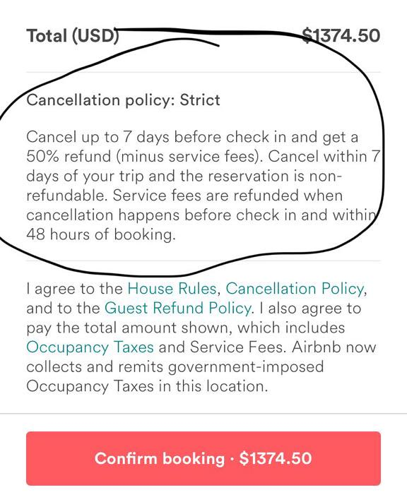 A screenshot of a strict cancellation policy and the details. A red button at the bottom reads "Confirm booking - $1374.50"