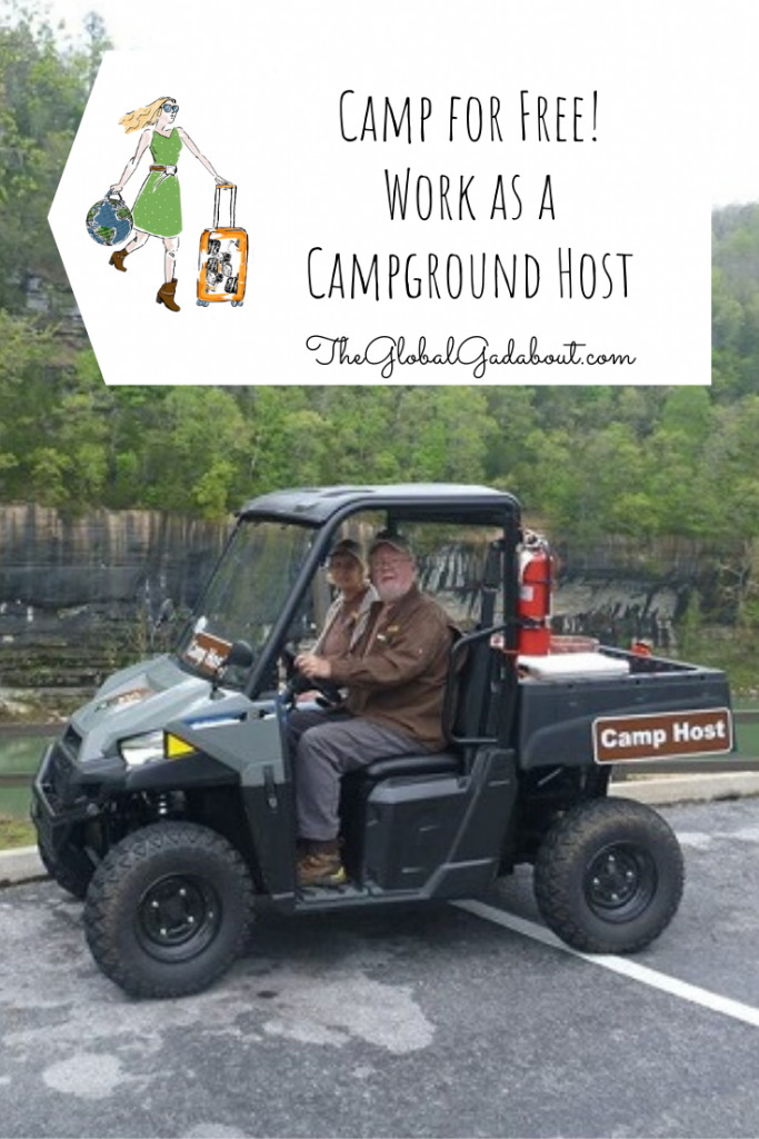 An older couple in a small truck in the wilderness with a "Camp Host" sign. A white luggage-tag shape covers the top third with The Global Gadabout logo and "Camp for Free! Work as a Campground Host" and "TheGlobalGadabout.com" in black.