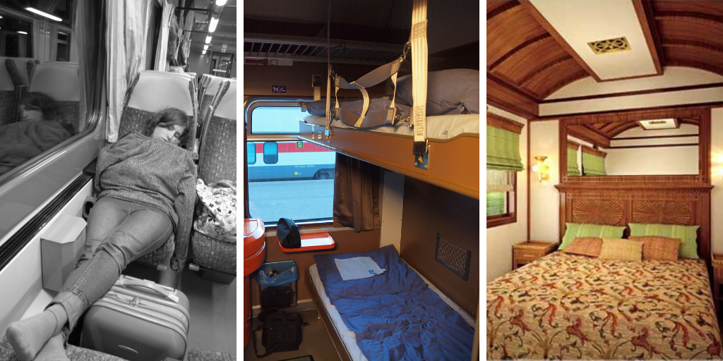 Three kinds of train accommodation. Left: A woman sleeping in a train seat. Middle: A couchette cabin with 2 bunks shown. Right: A large double bed train sleeper cabin.