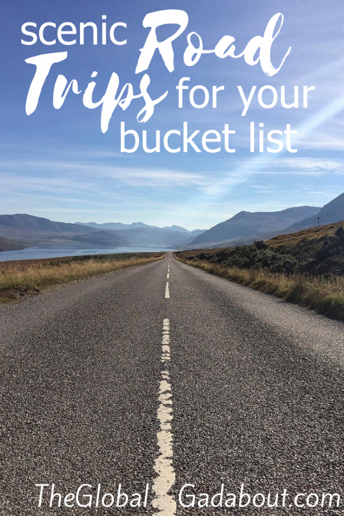 A long, straight road with a lake and mountains in the distance and the words "Scenic Road Trips for Your Bucket List" and "TheGlobalGadabout.com" overlaid in white.